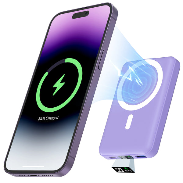 Podoru Mini 10000mAh Wireless Magnetic Power Bank Mag-Safe Battery Pack 22.5W PD Fast Charging-Purple