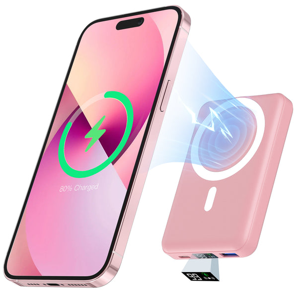 Podoru Mini 10000mAh Wireless Magnetic Power Bank Mag-Safe Battery Pack 22.5W PD Fast Charging-Pink