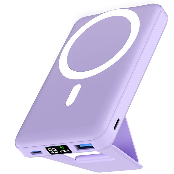 Podoru for Mag-safe Battery Pack, Magnetic Foldable 10000mAh Wireless Power Bank 22.5W PD Portable Charger-Light Purple (KT-D009)