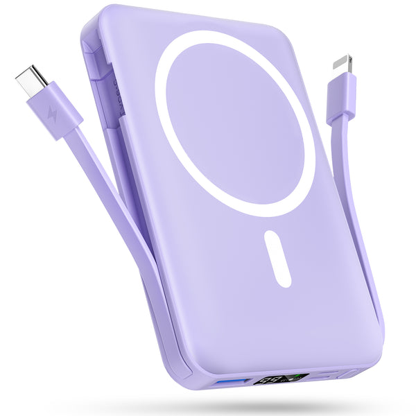 Podoru Built-in Cables 10000mAh Magnetic Power Bank 22.5W PD Fast Charging Mag-Safe Battery Pack-Purple
